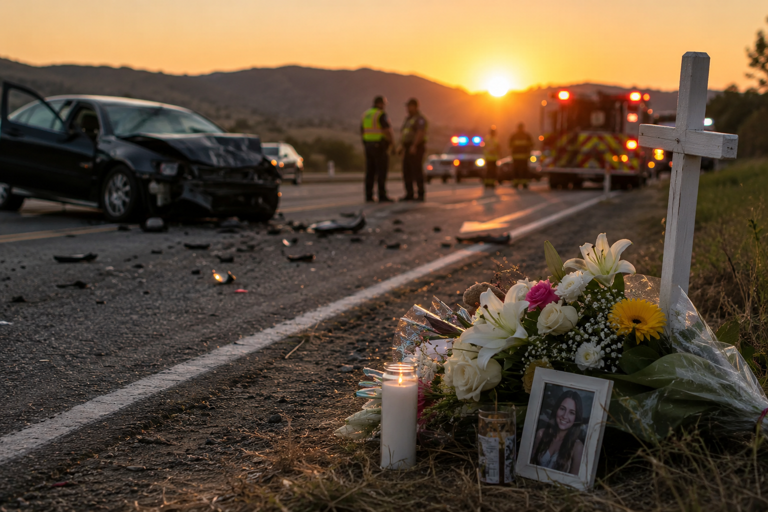 Roadside memorial following a fatal car accident in a California wrongful death case