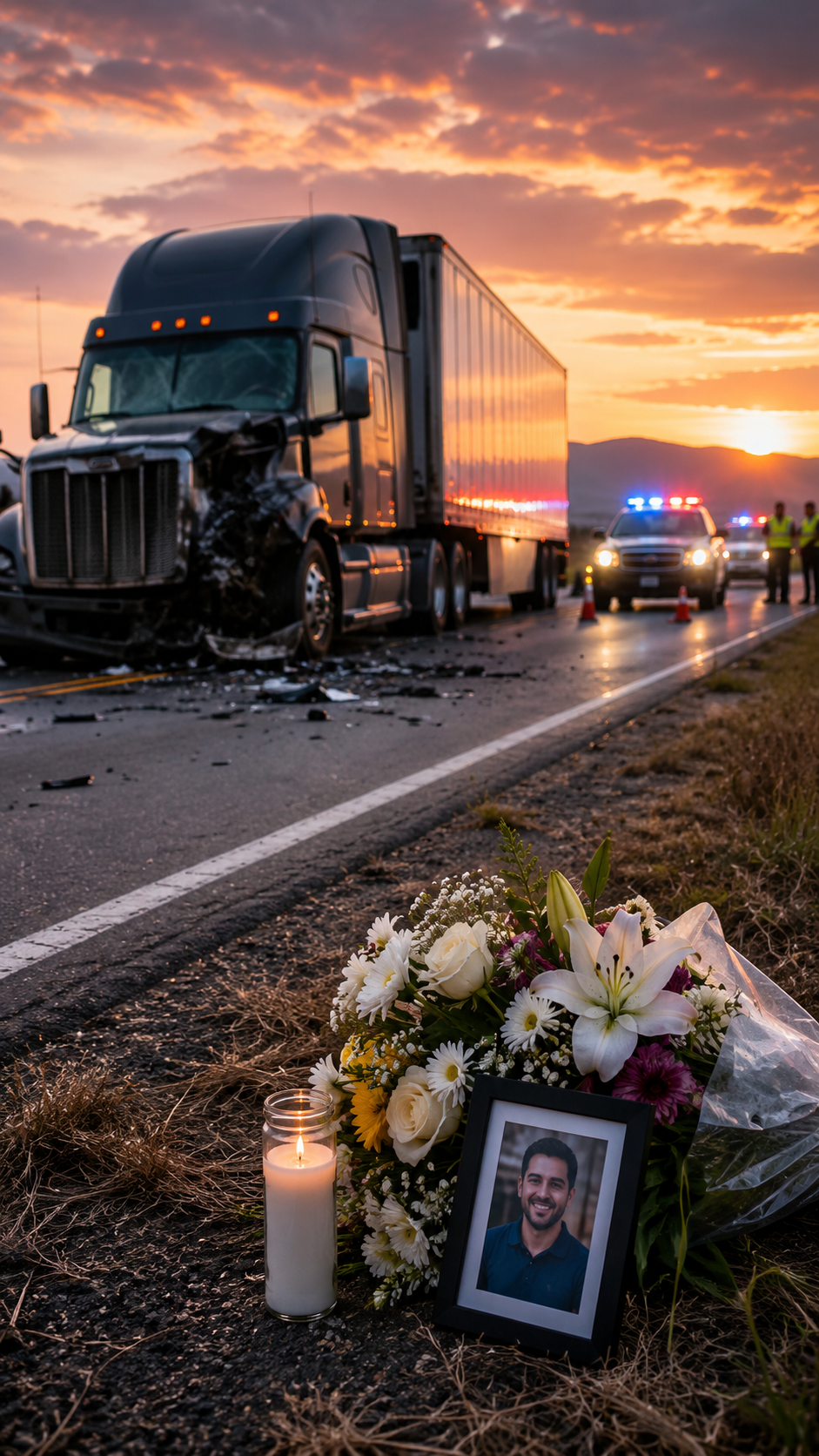 Roadside Memorial After a Fatal Truck Accident in California