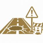 Icon illustrating dangerous road conditions with damaged pavement, warning signs, and traffic barriers contributing to pedestrian accidents.