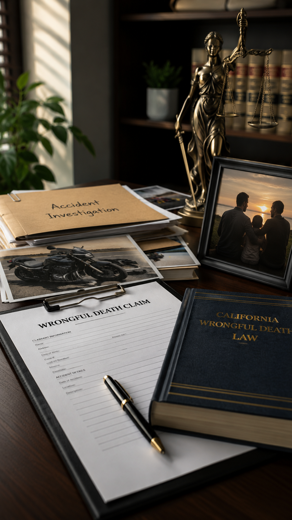 Legal investigation into a fatal motorcycle accident in California with wrongful death claim documents and evidence