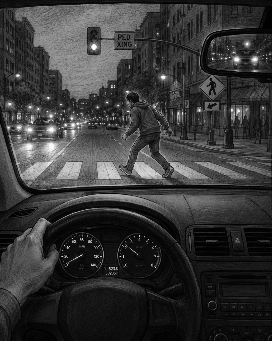 Black and white illustration showing a driver's view of a pedestrian crossing moments before a fatal pedestrian accident in California.