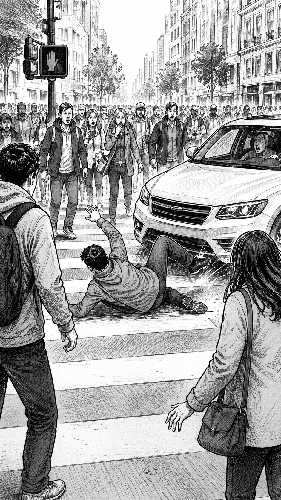 Black and white illustration of a fatal pedestrian accident at a California crosswalk showing a vehicle striking a pedestrian surrounded by witnesses.
