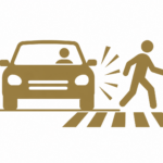 Icon showing a negligent driver approaching a pedestrian in a California crosswalk.