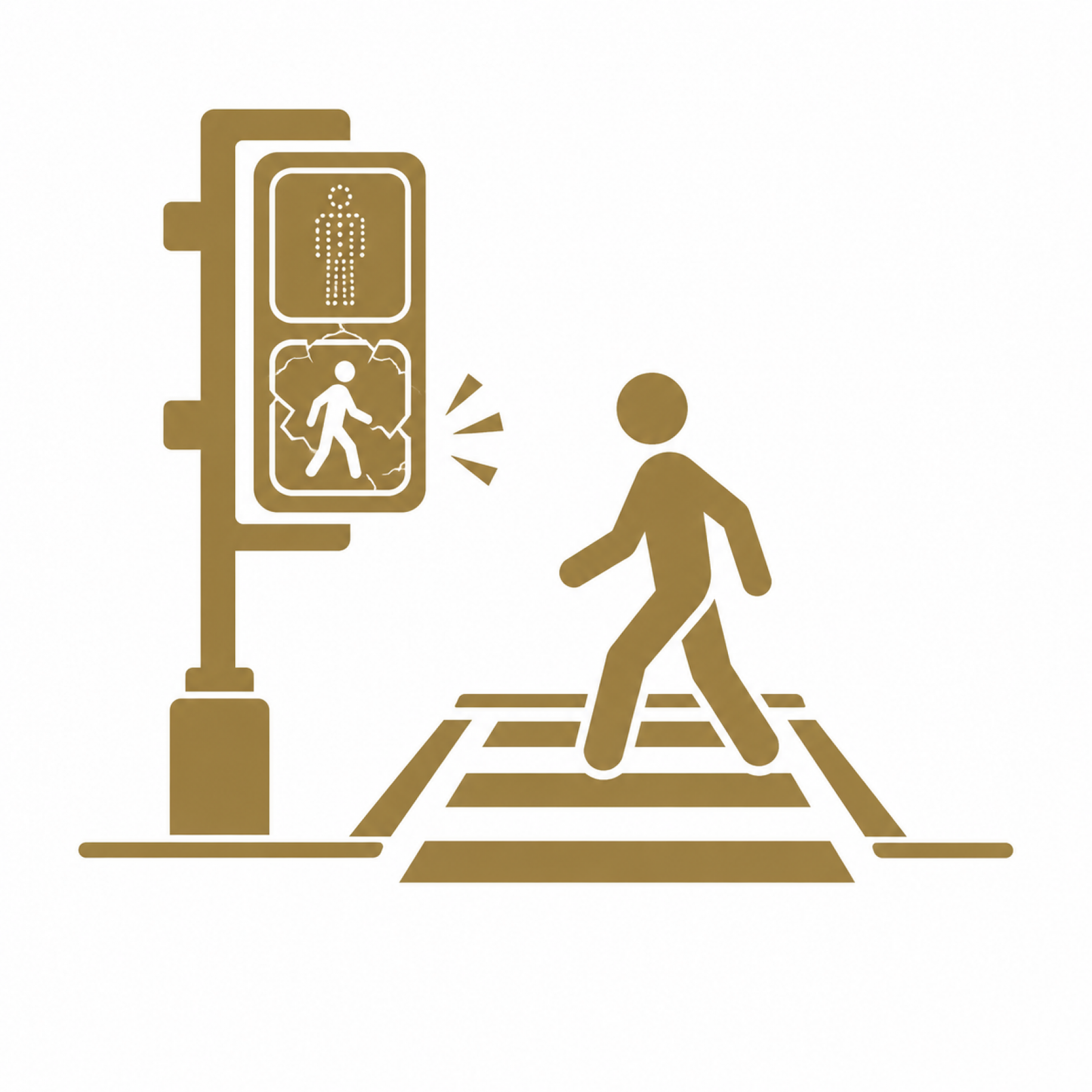 Icon depicting a malfunctioning pedestrian crossing signal and crosswalk representing defective traffic signals in California.